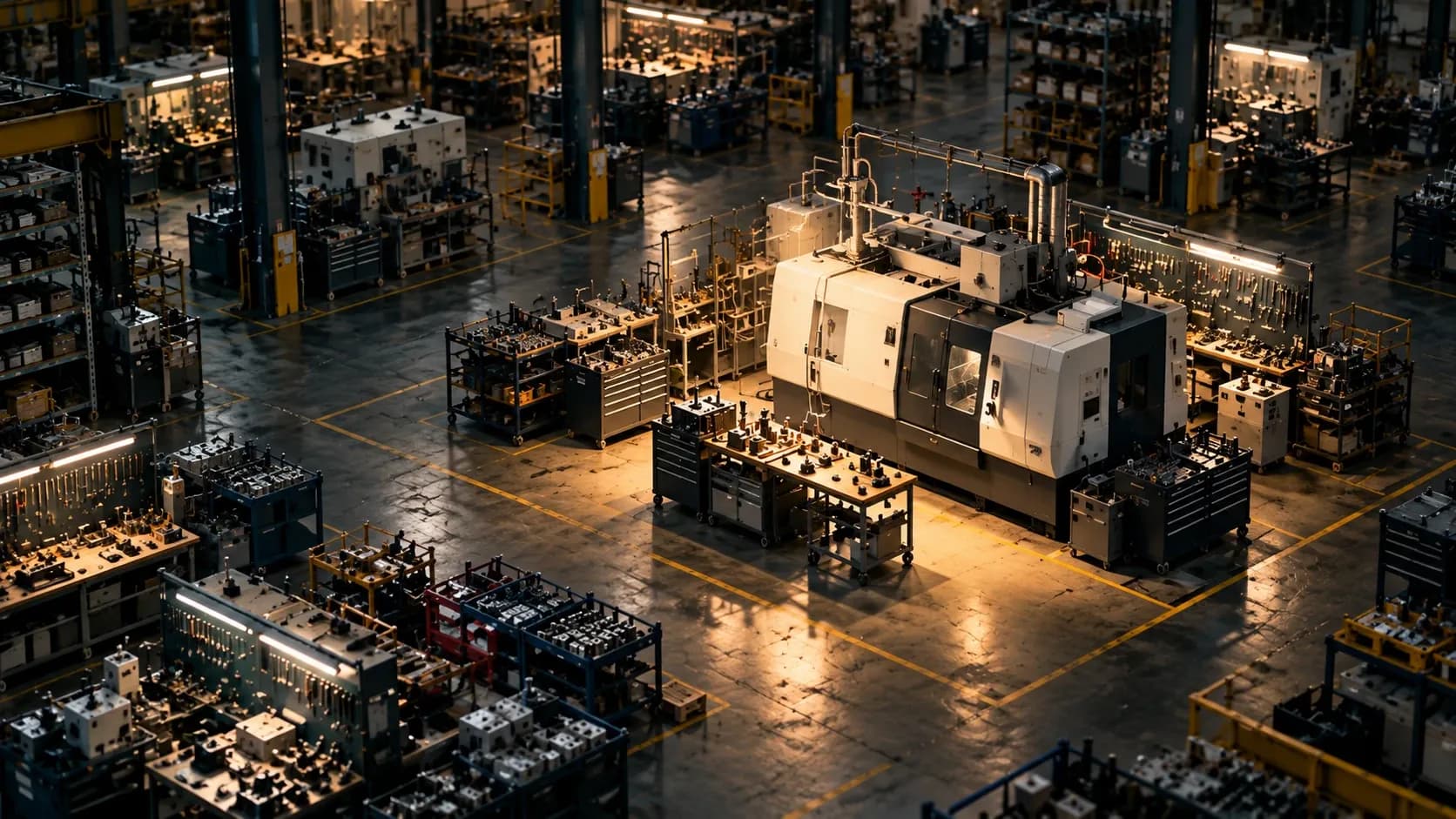 Overhead view of a dim factory floor where one large machine sits in a pool of warm light, surrounded by dozens of shadowed workbenches, tool carts and parts racks that nobody is looking at.